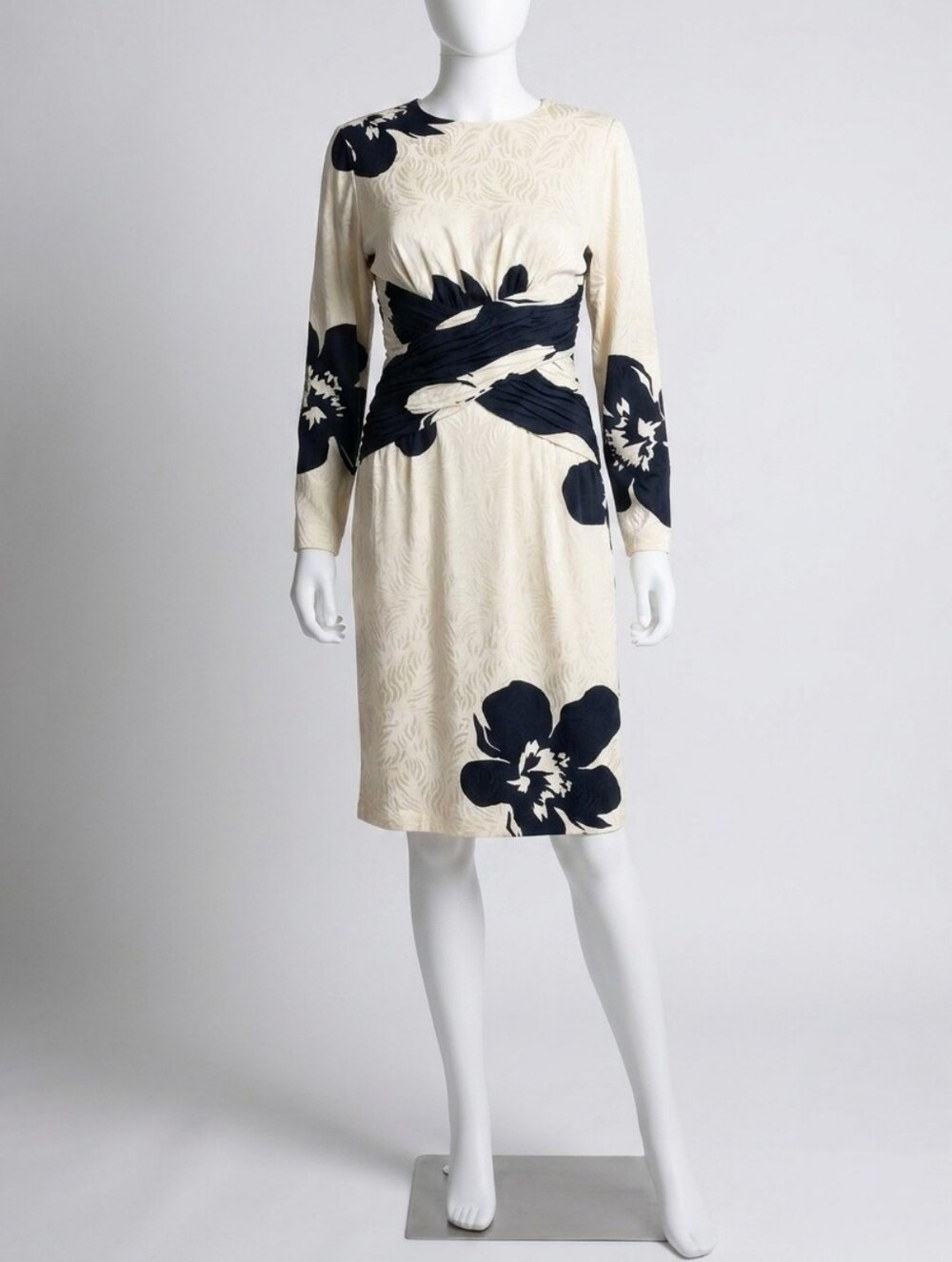 SILKS By St Gillian Vintage Cream and Black 100% Silk Floral Midi Dress Womens 4